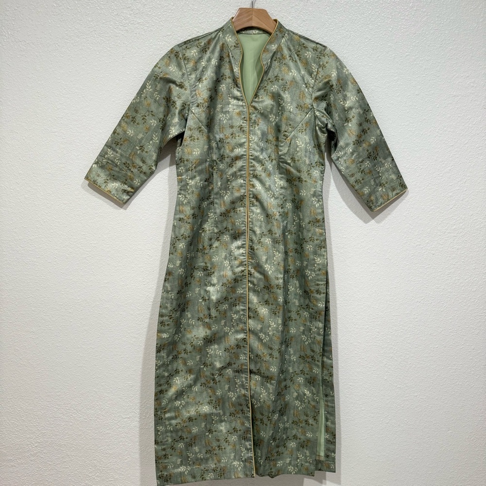 indian green kurta asian oriental floral short sleeve shirt long dress pants